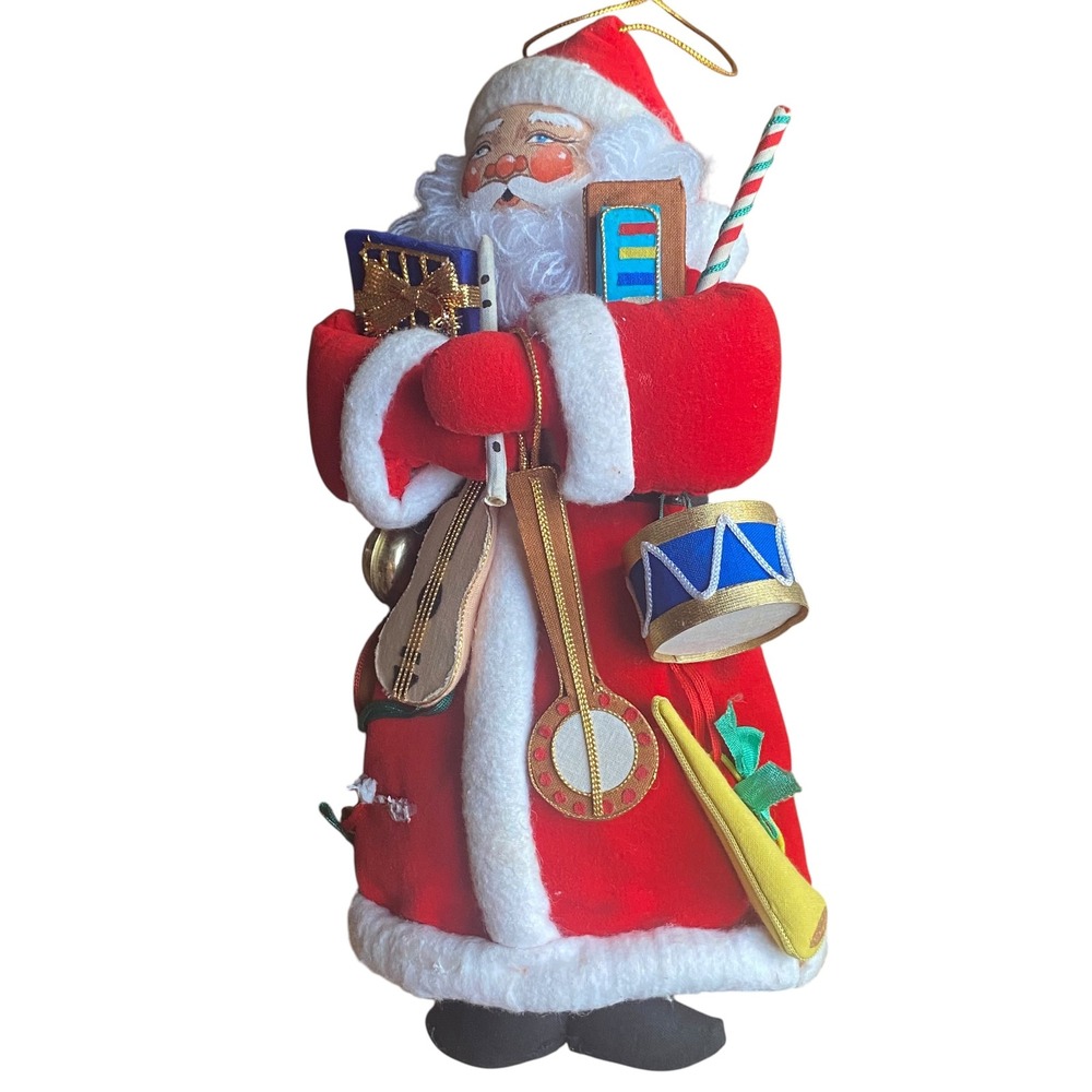 Vintage Music Theme Santa Claus Ornament Figurine Red Faux Velvet 12 Inch